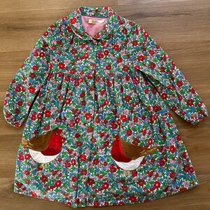 Mini Boden Long Sleeve Corduroy Shirt Dress with Robins Appliqué, Size 3-4y